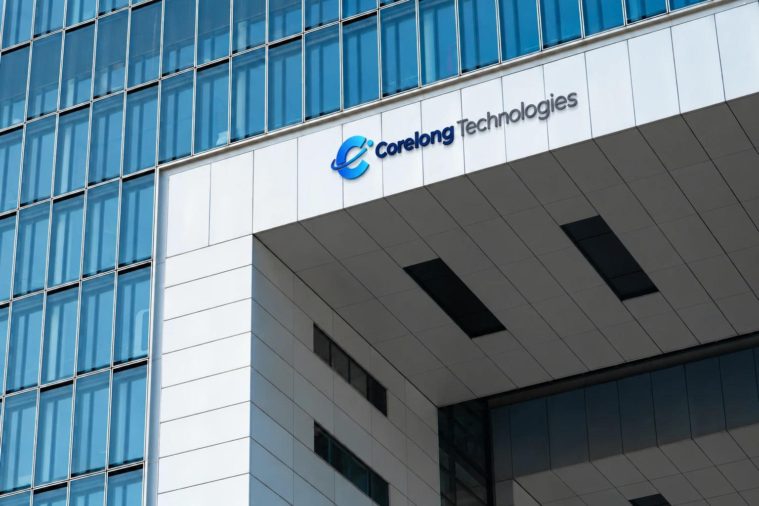 Real office-building stock photograph with composited CORELONG signage; brand illustration