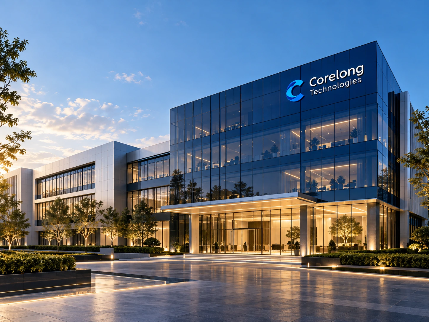 Generated architectural illustration of a CORELONG Technologies branded glass building